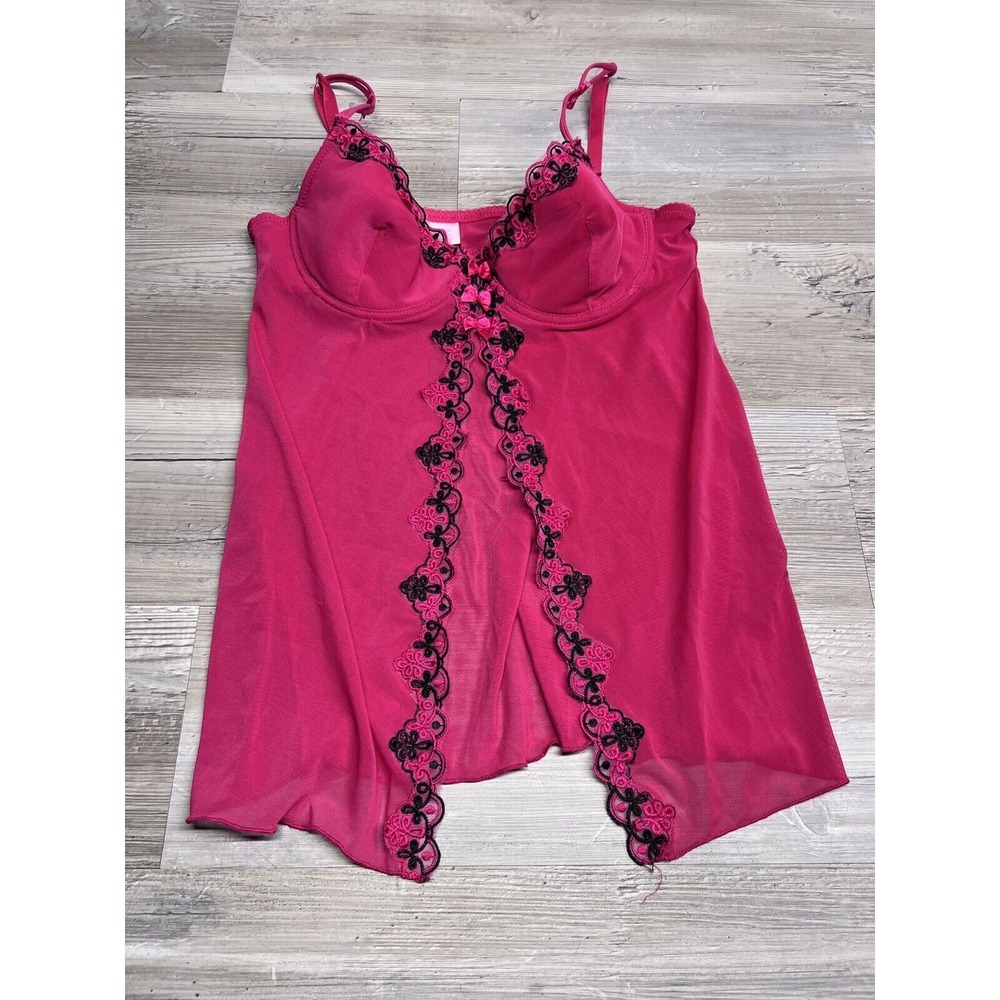 Vintage Red Teddy Babydoll‎ Lingerie Sheer Sexy Black Lace Trim Sz 36B Underwire